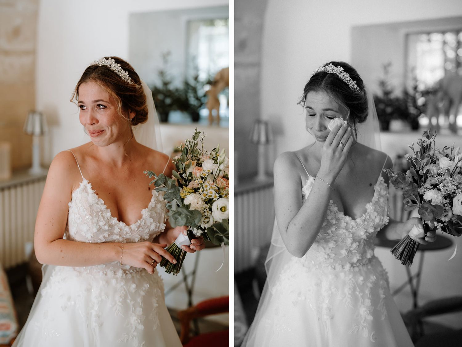 Emotional bridal portraits captured in black and white showing tender moments before the ceremony.