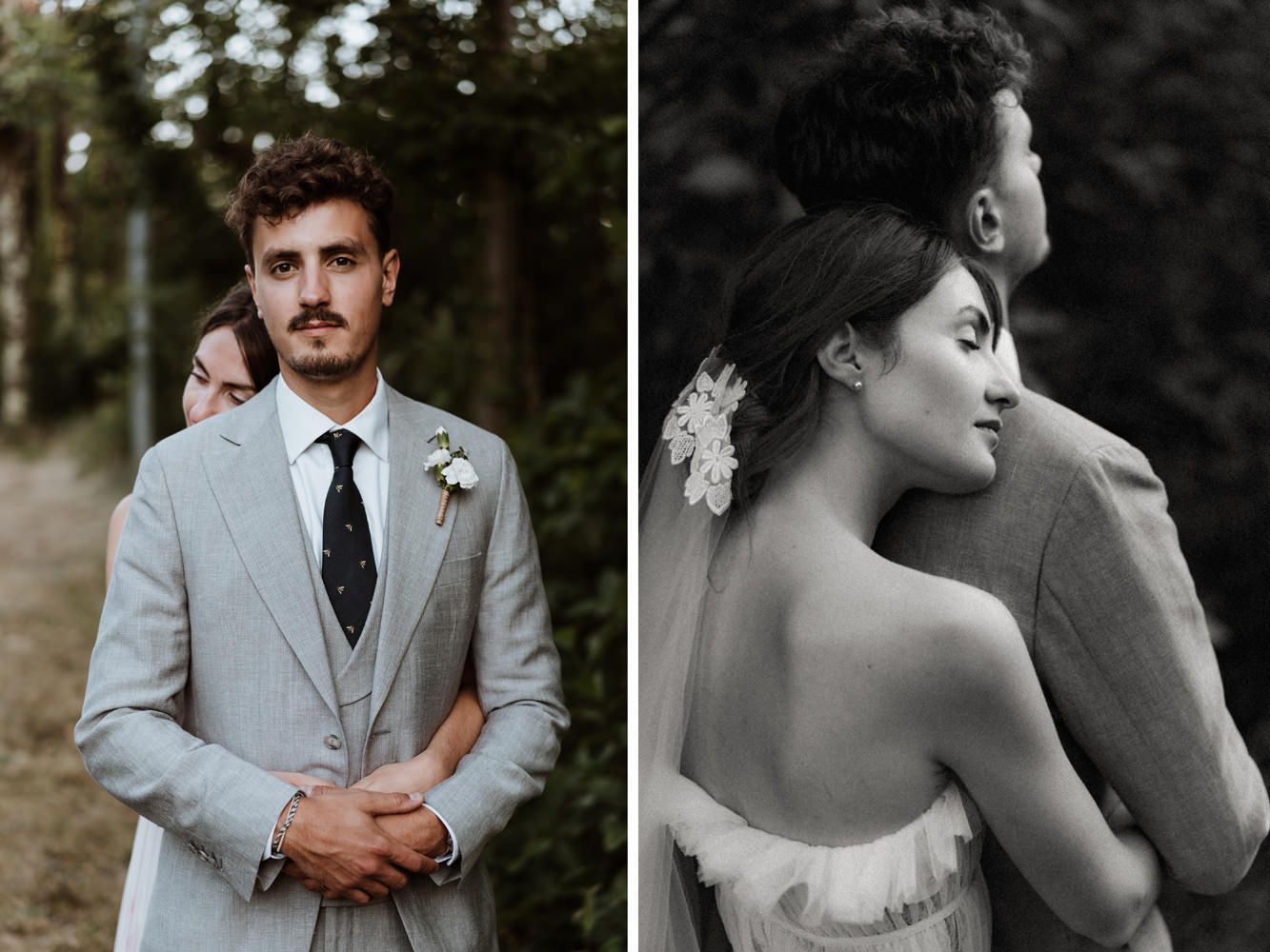Wedding portraits in forest setting featuring elegant grey suit and white dress combination.