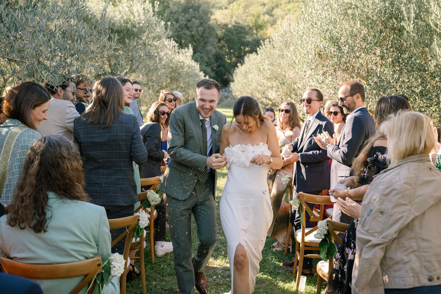 Guests enjoying a celebration under olive trees during golden hour.