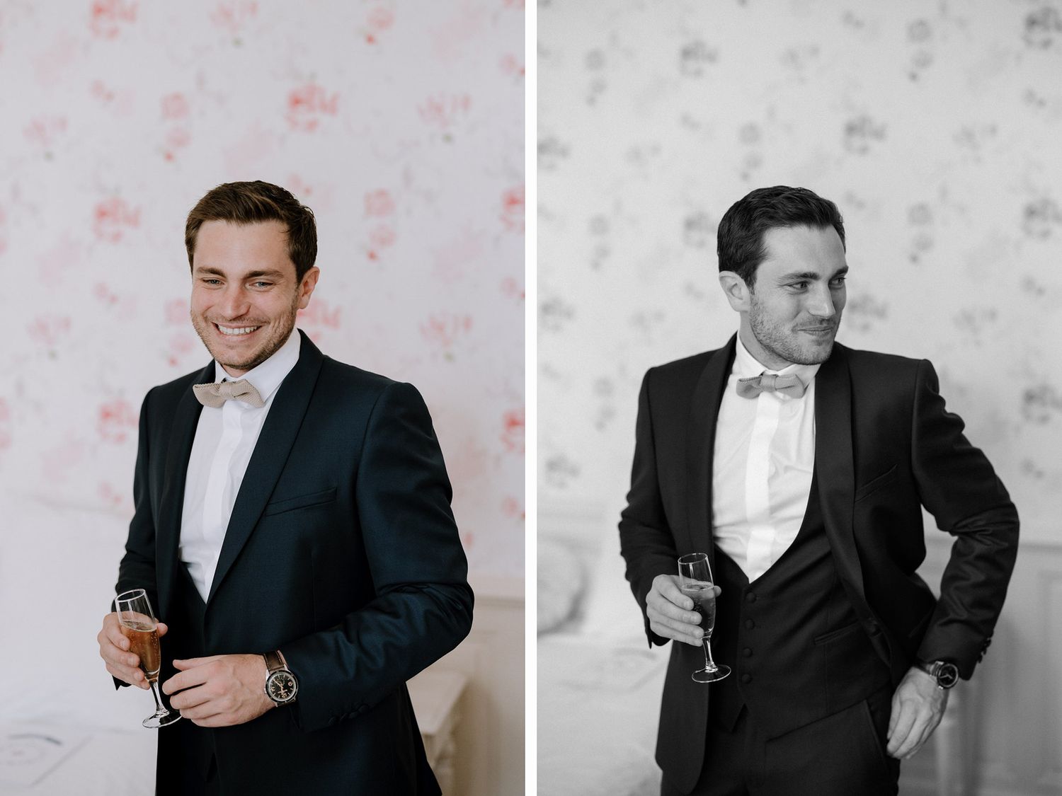 Formal portraits in black tie attire against floral wallpaper.