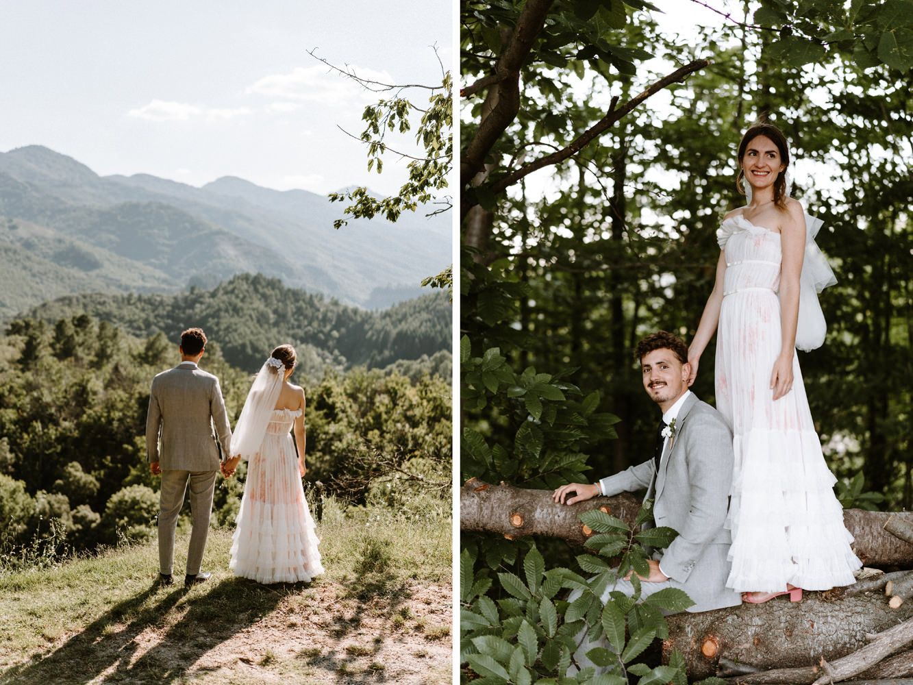Wedding photography in mountain scenery with couple posing in formal attire.