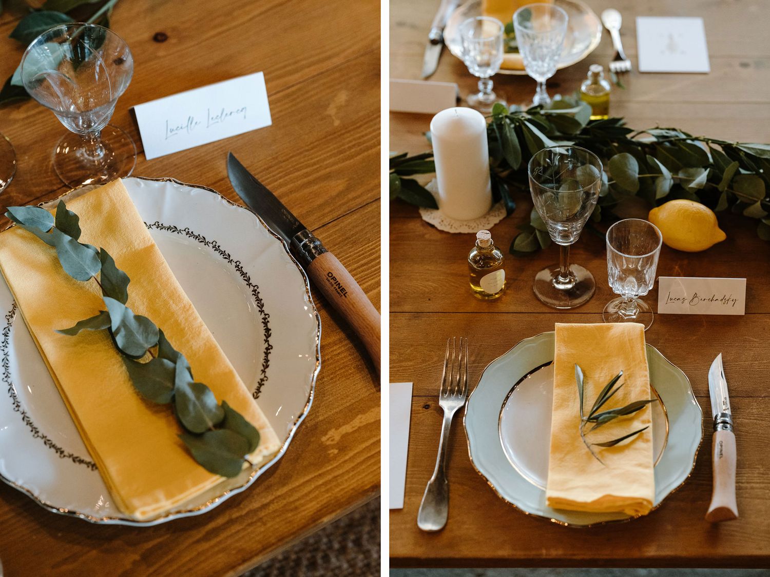 Wedding table settings feature gold napkins, white plates, and eucalyptus sprigs on wooden surfaces.
