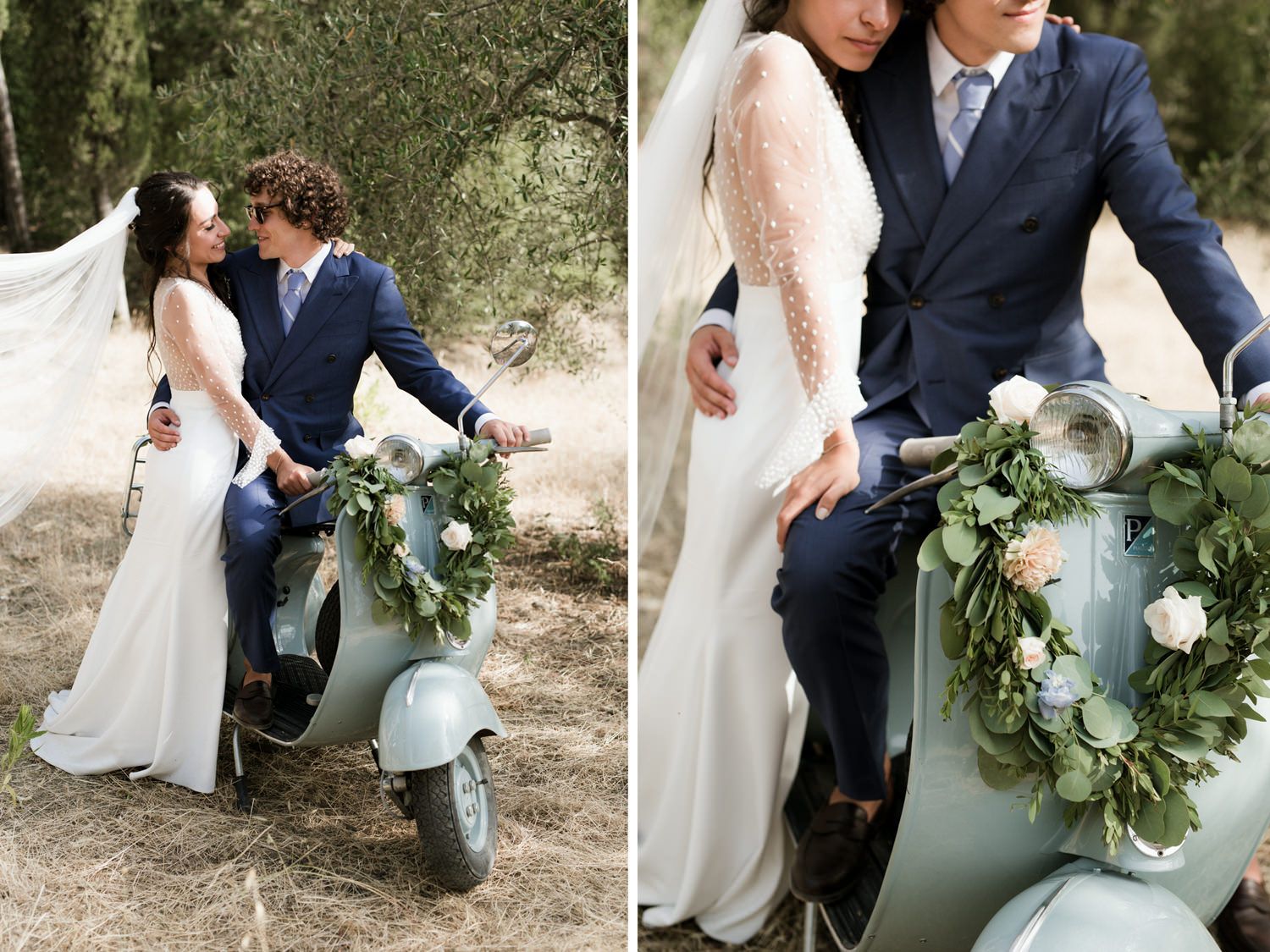 Wedding couple poses with decorated vintage Vespa scooter in olive grove setting.
