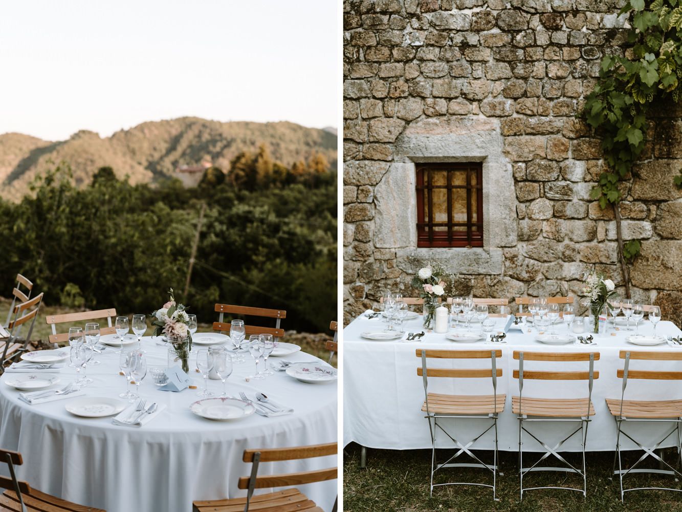 Rustic outdoor wedding reception tables set against stone walls and mountain backdrop.