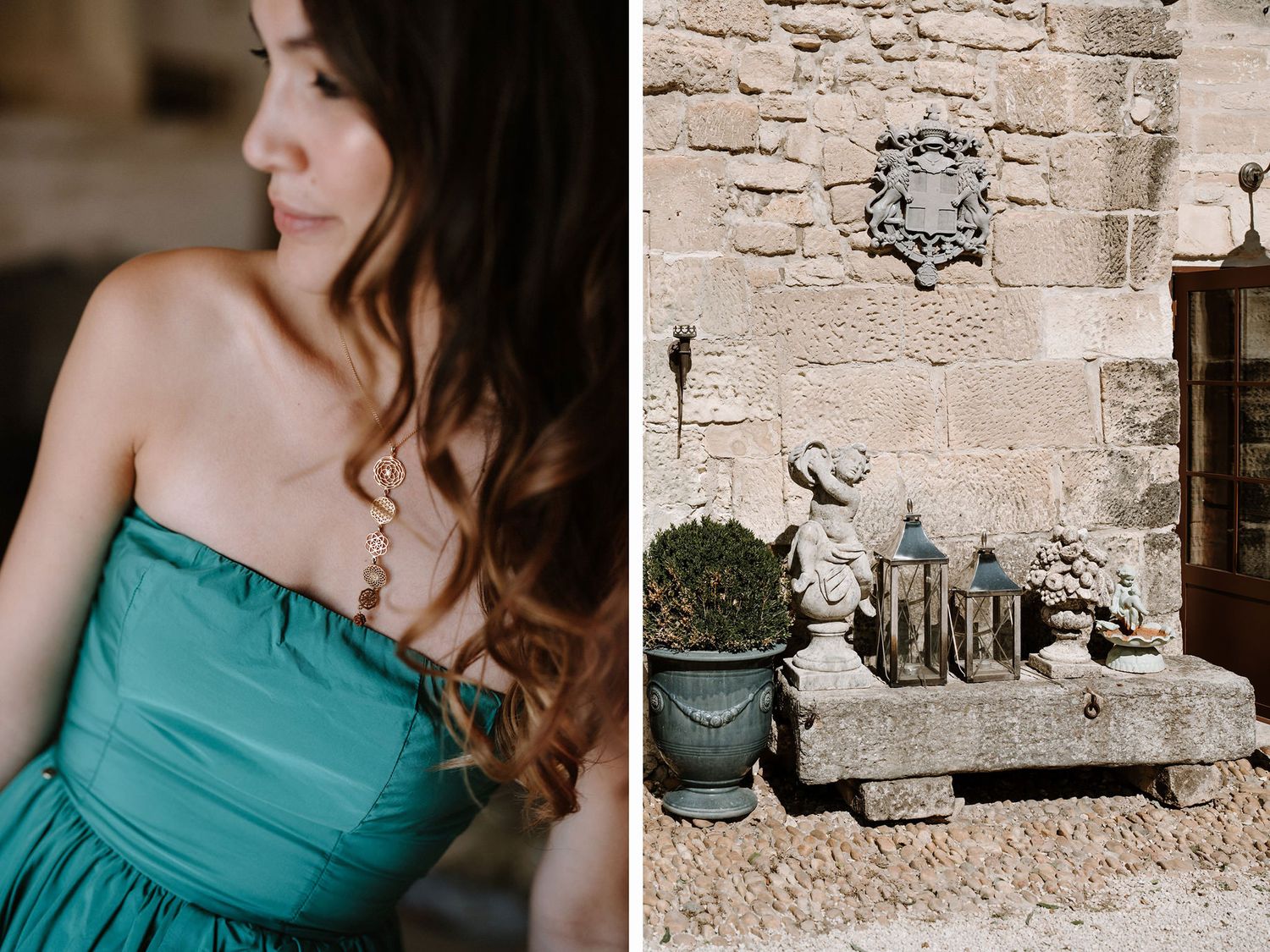 Teal strapless dress detail beside stone wall with antique bottles and garden decor.