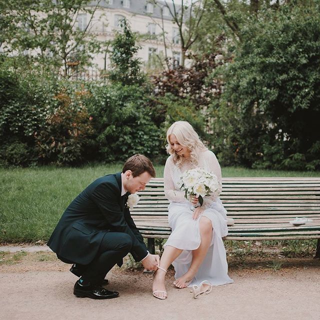 Wedding photo sequence showing couple interacting in a garden setting with stone steps.