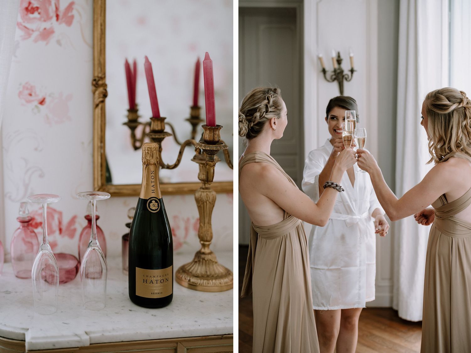 Wedding preparation room with champagne bottle, candles and floral wallpaper details.