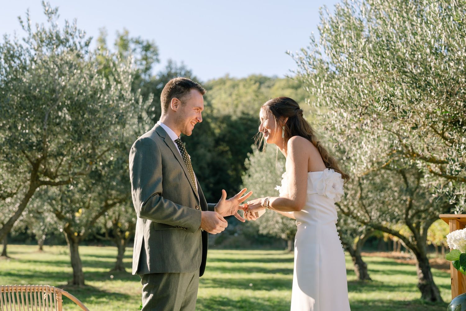 Outdoor wedding ceremony with guests gathered among olive trees on a sunny day.