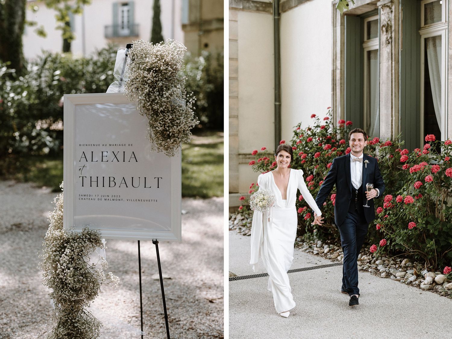 Wedding signage and decorative elements along a garden pathway.