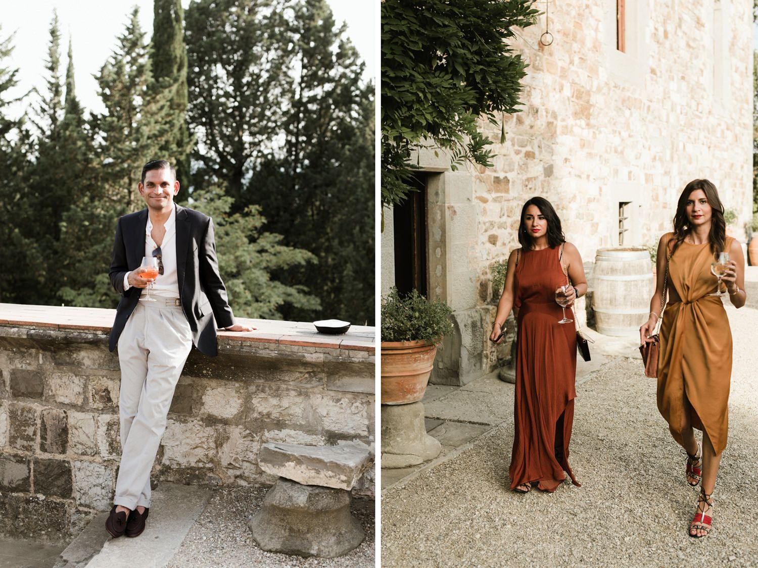 Stylish wedding party members walking along stone paths in earth-toned dresses.