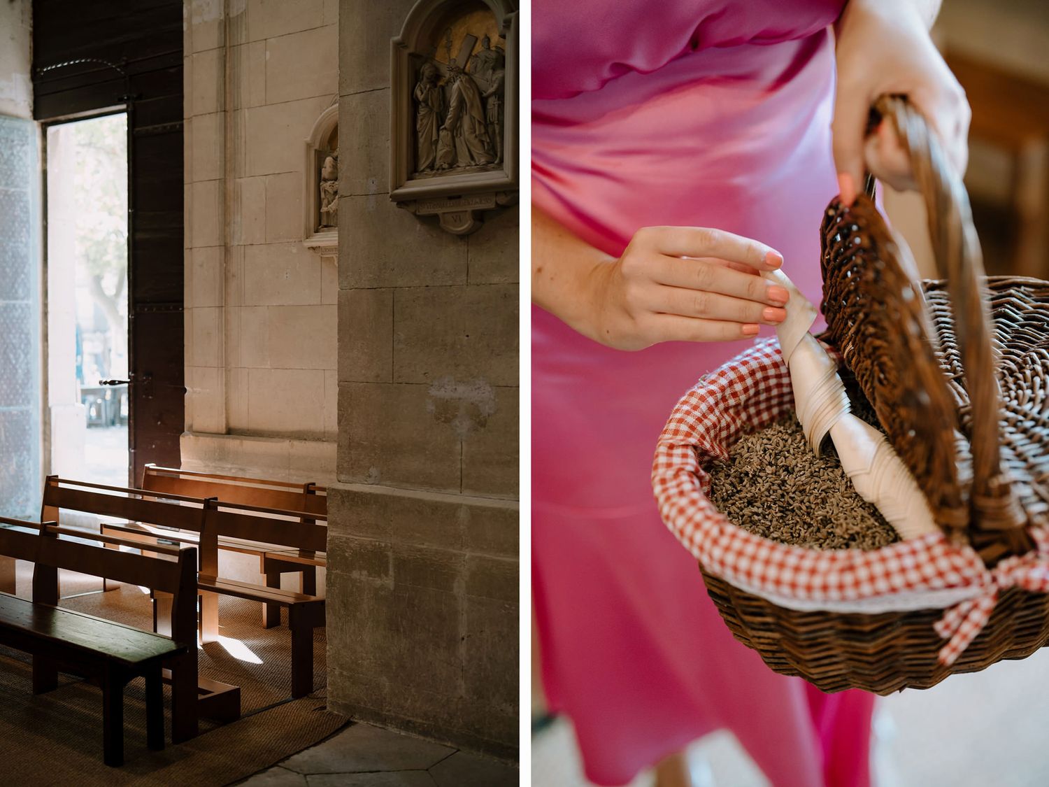 Church interior with wooden pews and a person sorting coffee beans in a woven basket.