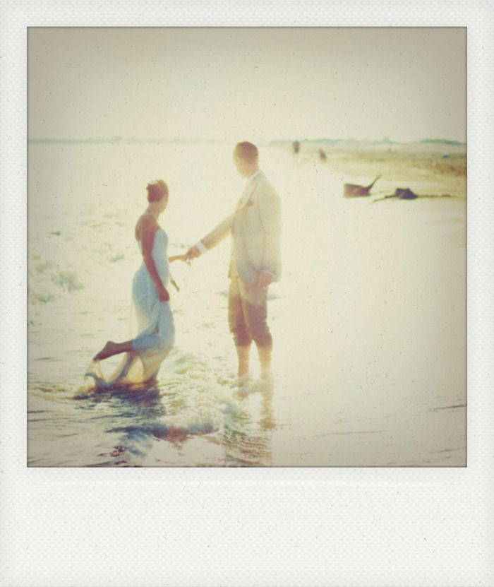 Dreamy vintage polaroid photos of people playing at the beach.
