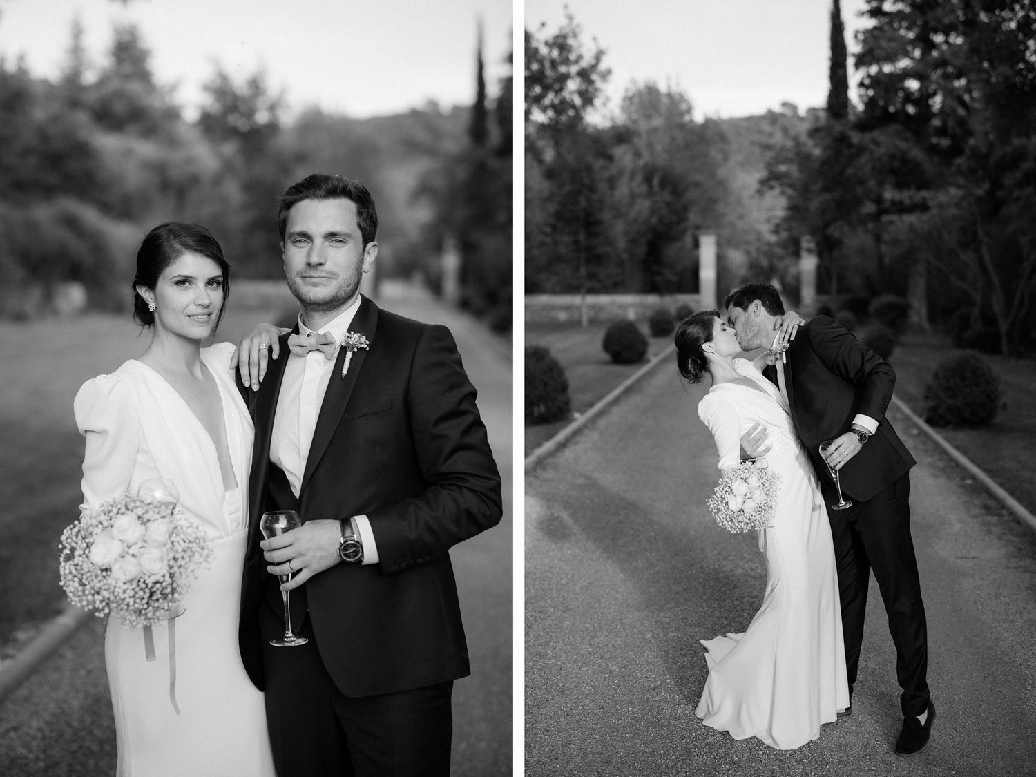 Elegant wedding portraits taken on a scenic outdoor path surrounded by nature.