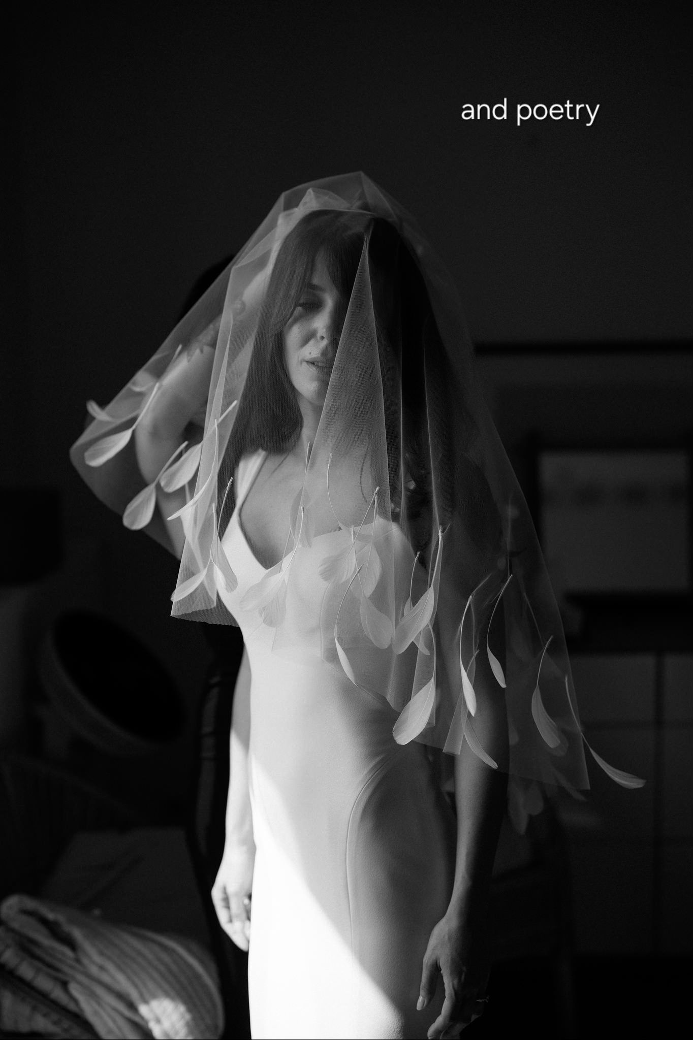 A series of ethereal black and white photos showing a bride in a flowing white dress and veil.