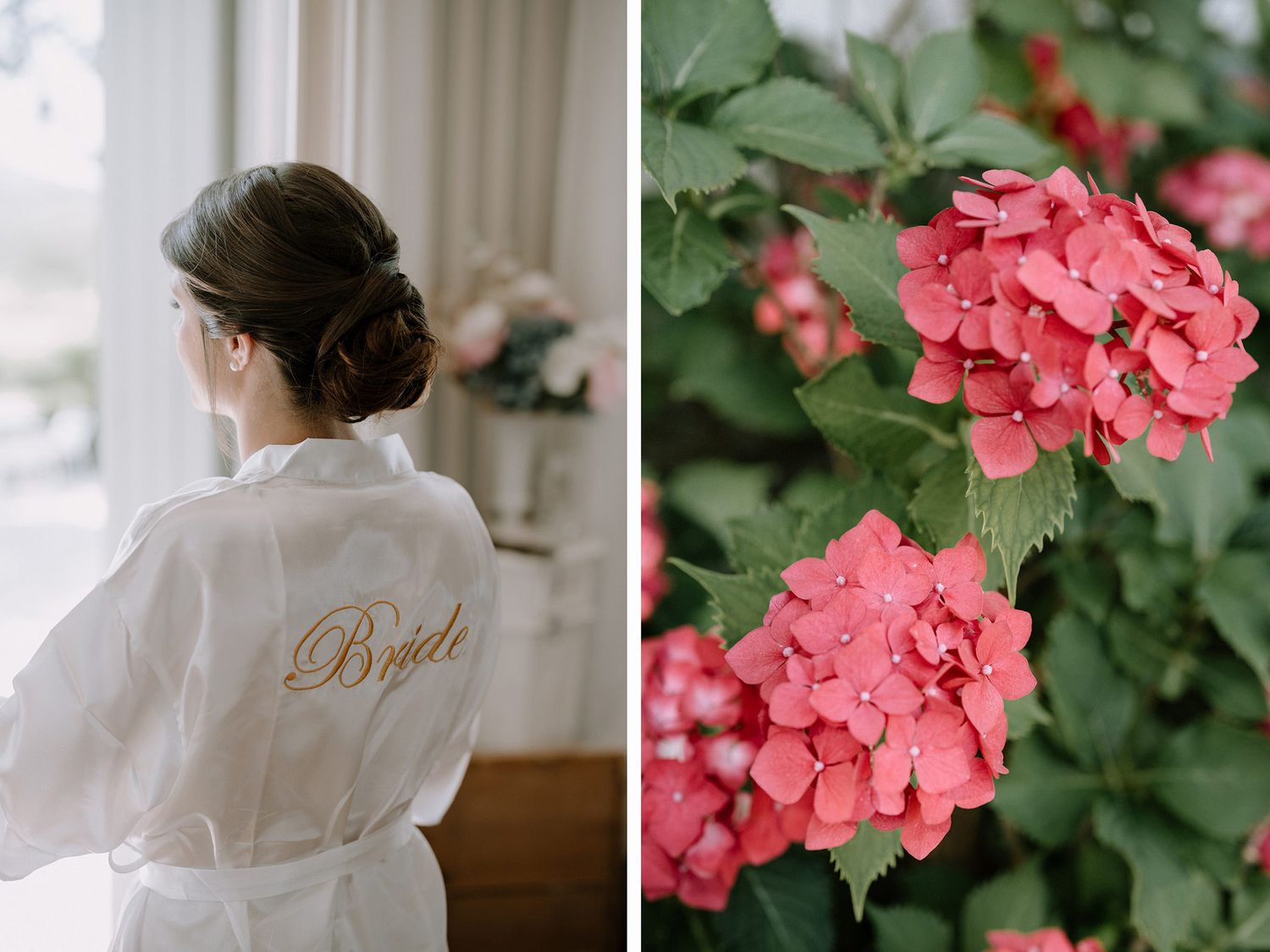 White robe with 'Bride' embroidery next to blooming coral hydrangea flowers.