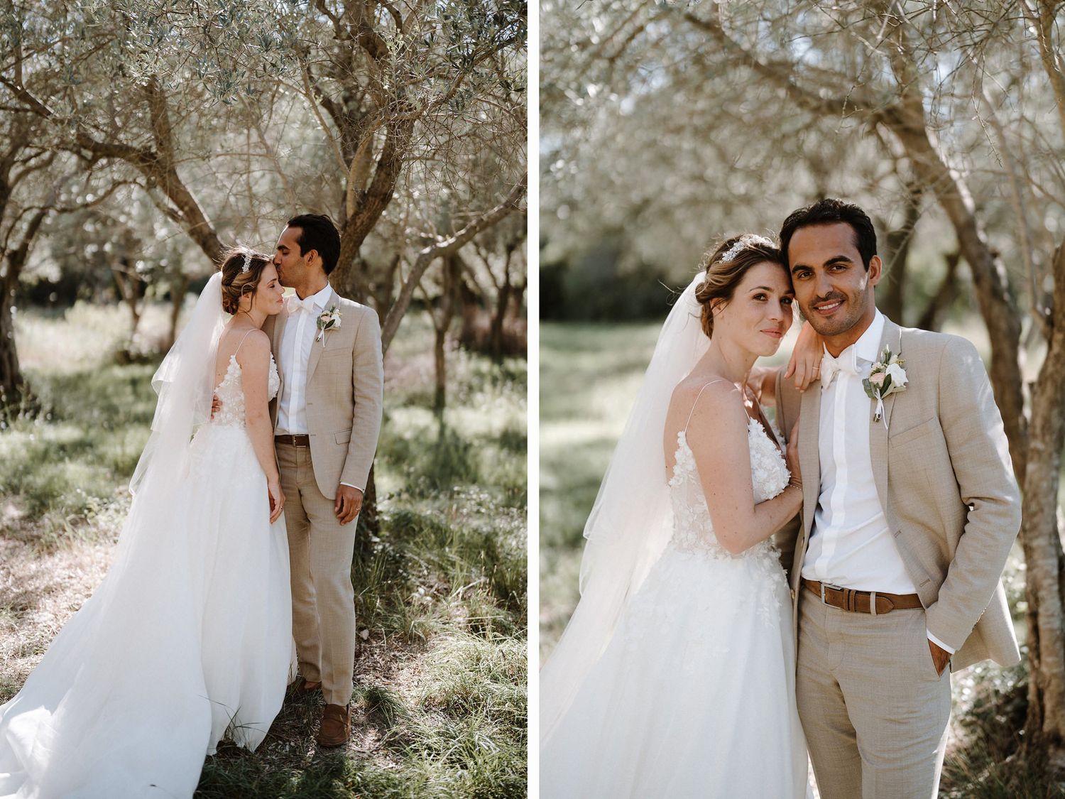 Intimate wedding portraits captured among olive trees in natural sunlight.