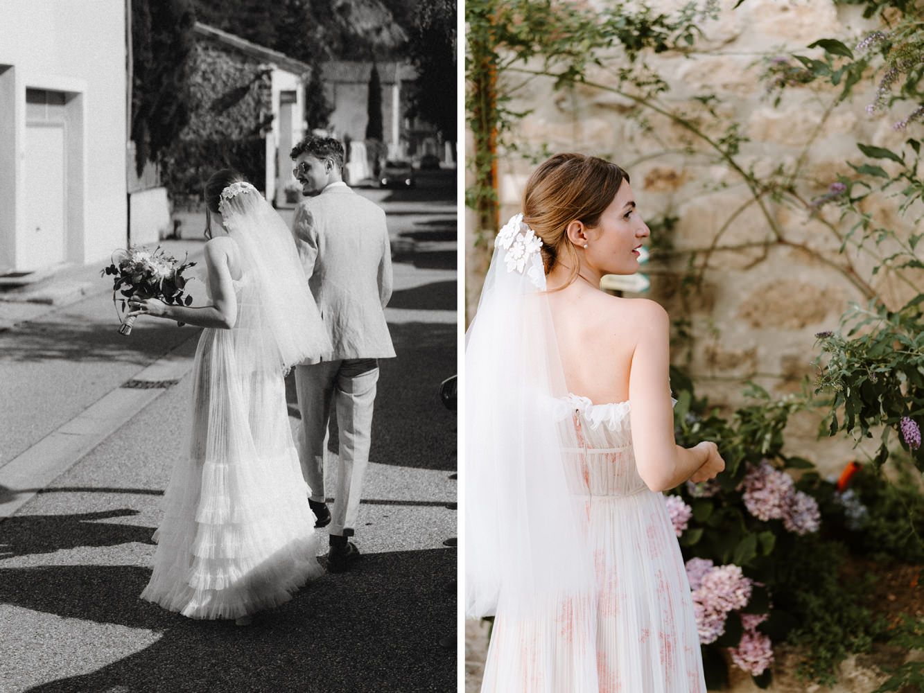 Wedding couple portraits showing a bride in flowing dress and veil against rustic backgrounds.