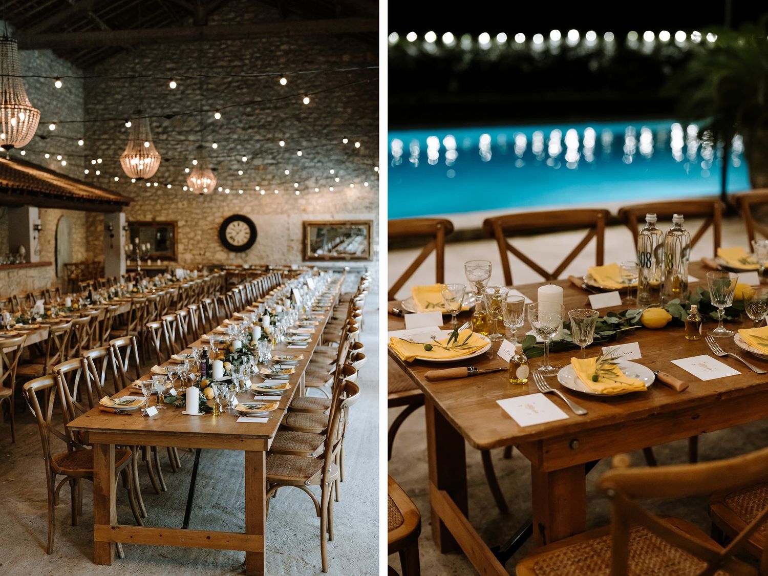 Long wooden farm tables set for wedding reception under string lights with rustic decor.