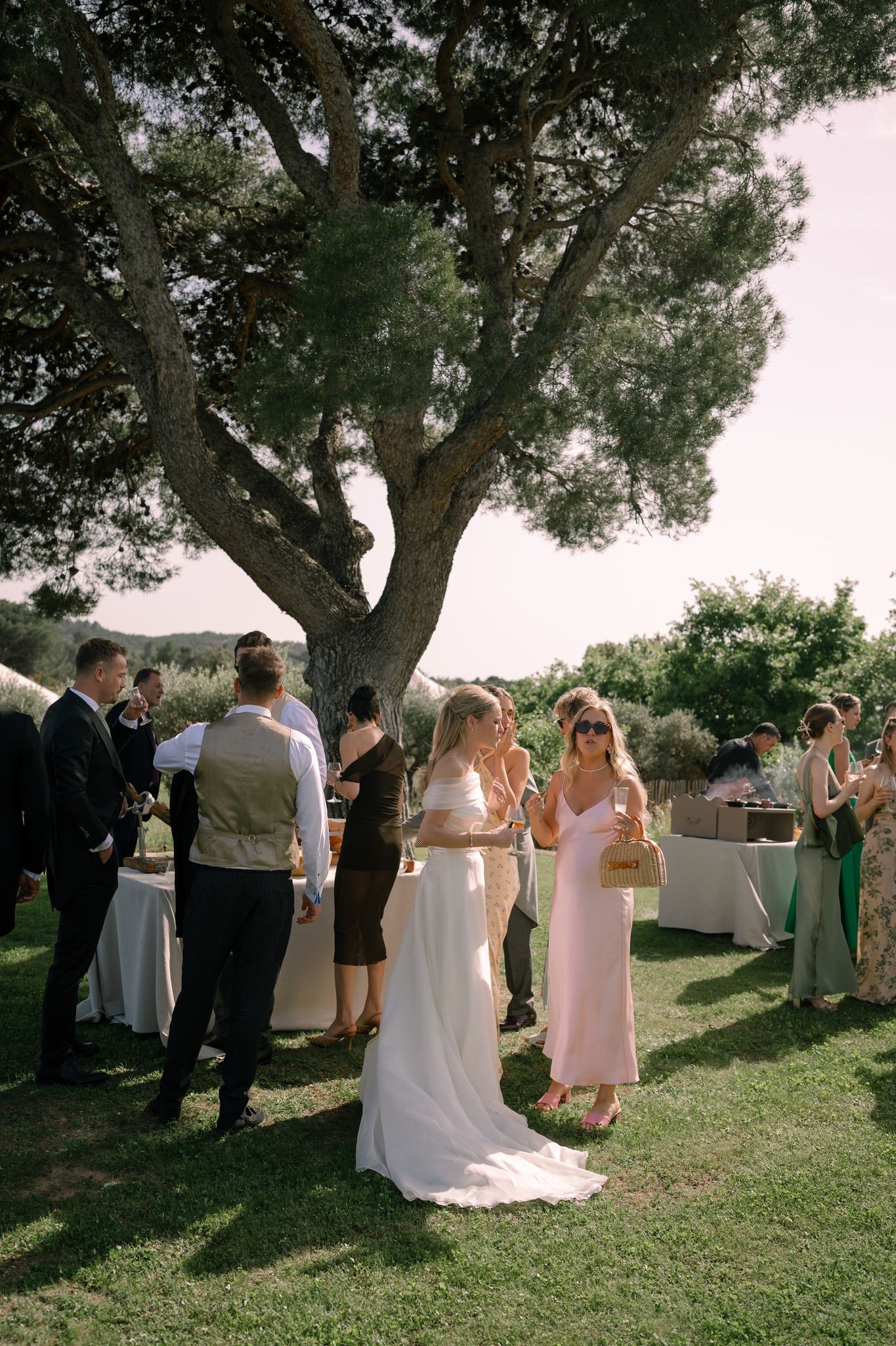 Outdoor wedding ceremony under large trees with guests gathered on a grassy lawn.