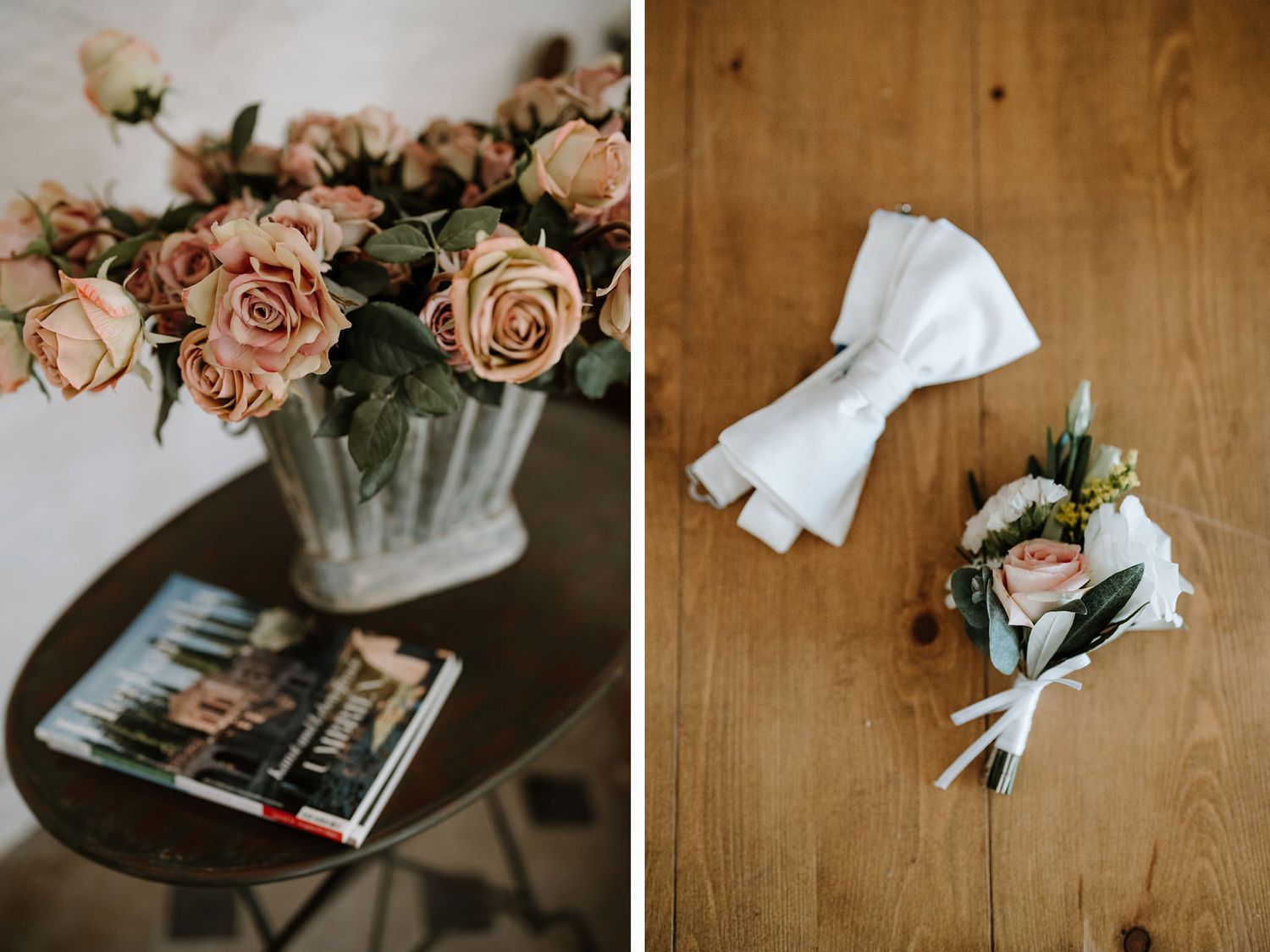 Dusty pink roses in vase beside photo album and white boutonniere on wooden surface.