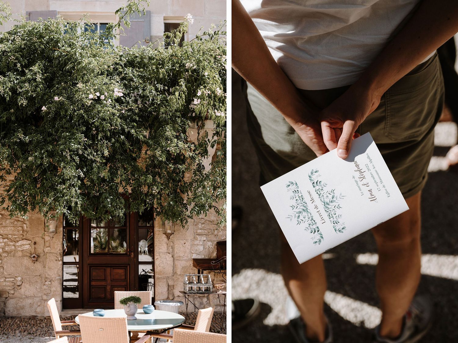 Hands holding wedding invitation cards in an outdoor garden setting.