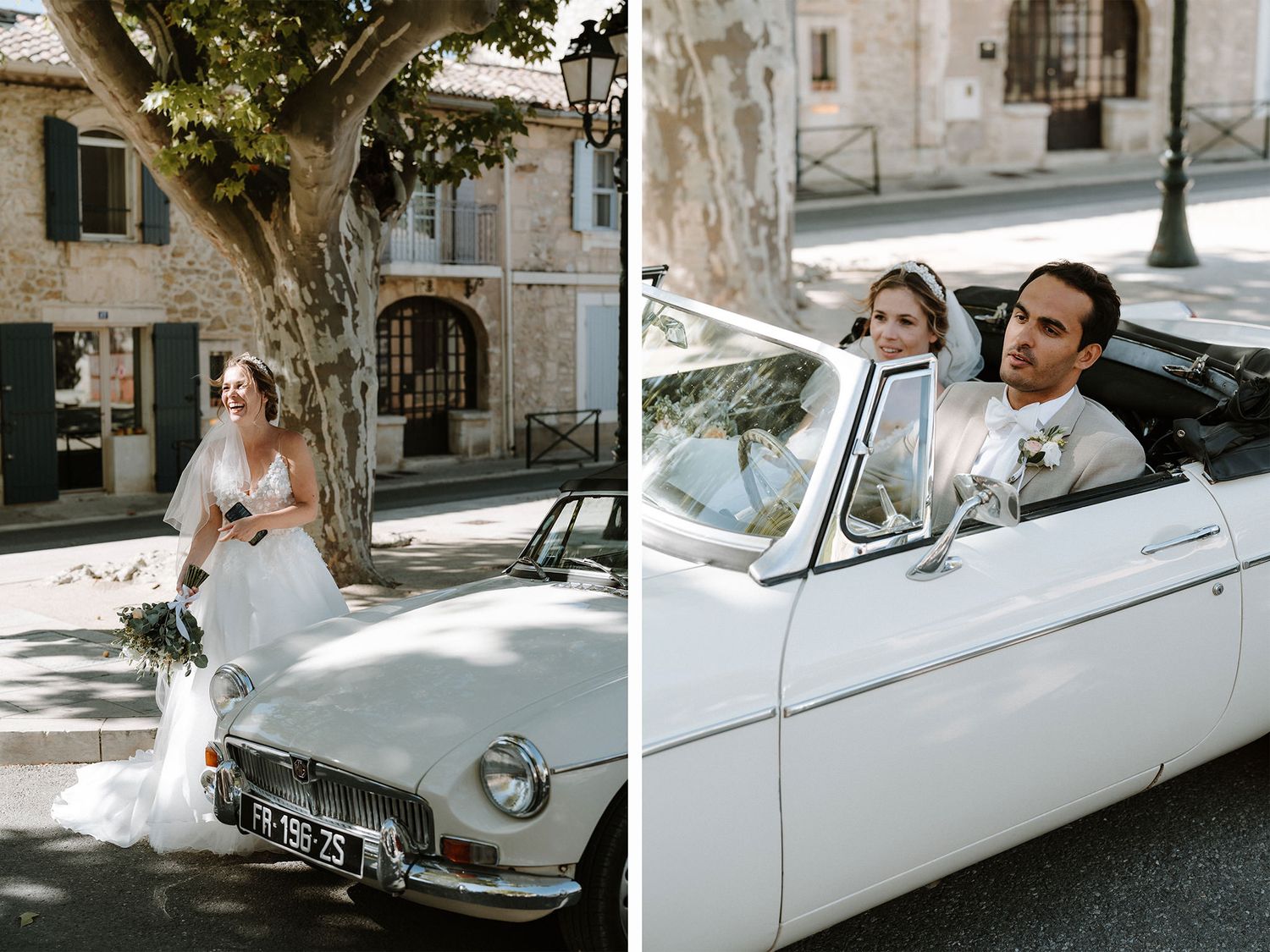 Elegant white vintage car with wedding decorations parked along a tree-lined street.