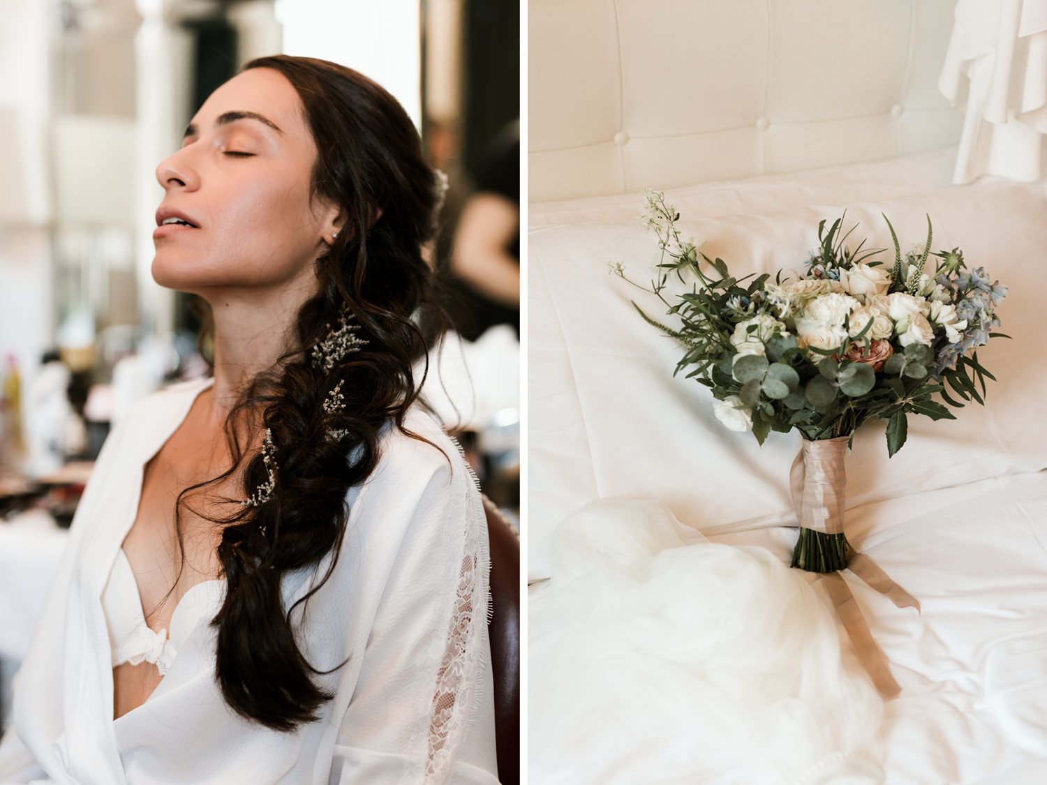 A wedding preparation scene with a bridal bouquet of white flowers and greenery.