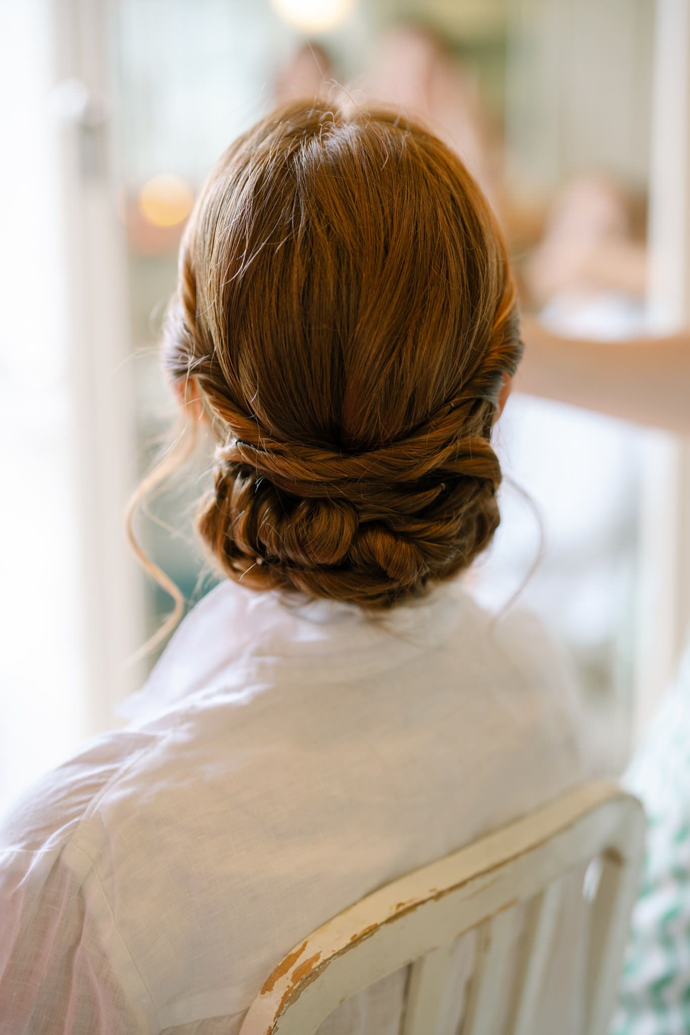 Back view of an elegant braided hairstyle against a white background.