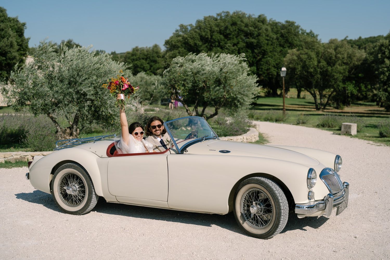 White vintage convertible car parked on a gravel path surrounded by olive trees.