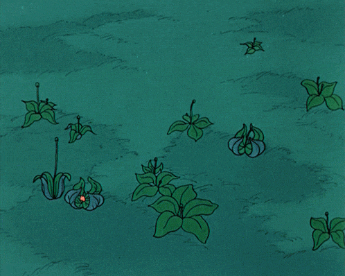 Illustrated green background with small floral and leaf designs.