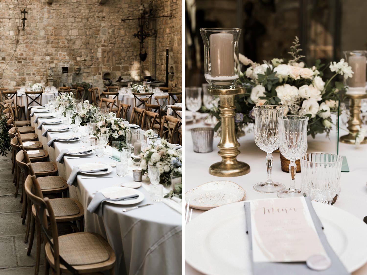 White table settings with floral centerpieces arranged in an elegant stone-walled dining space.