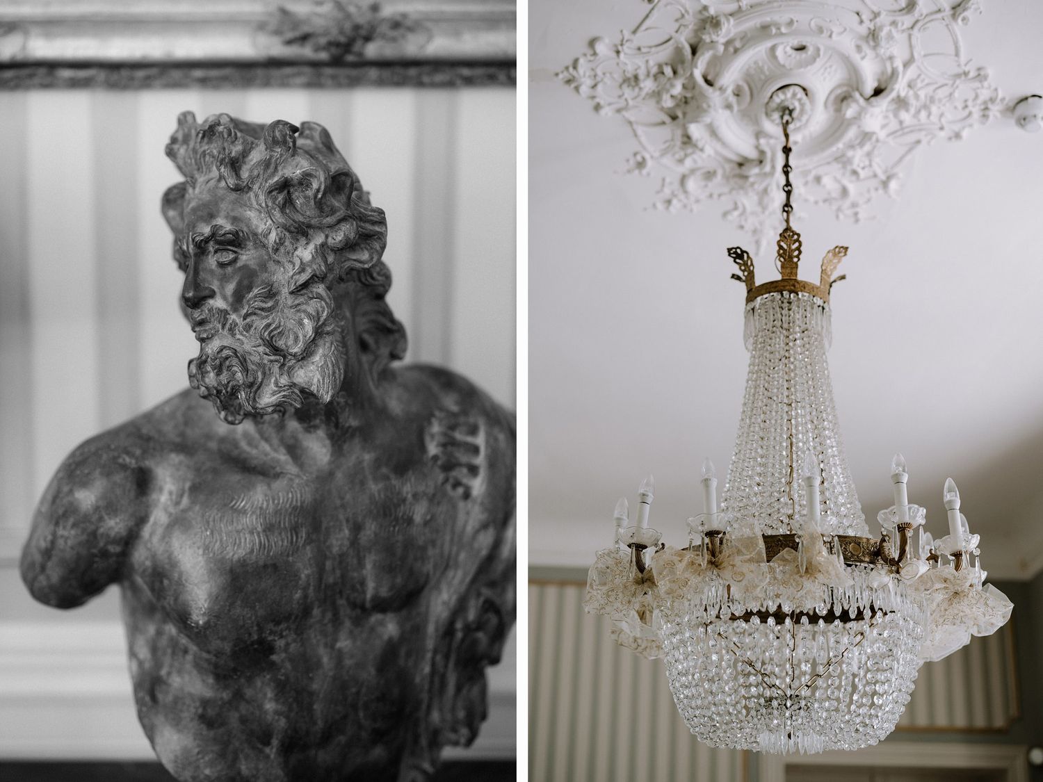 Classical bust sculpture and crystal empire chandelier in an ornate room.