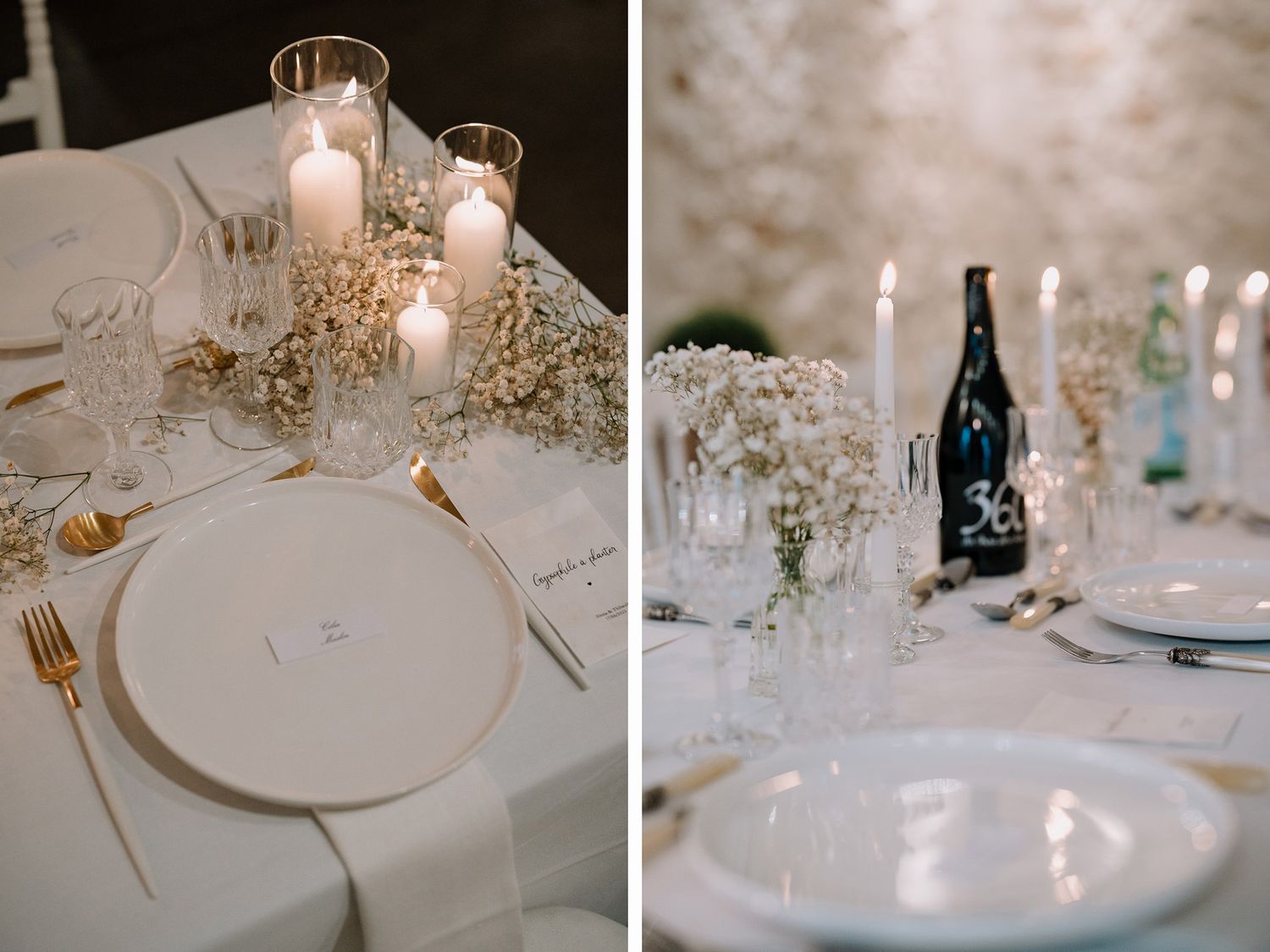 Intimate wedding table details with candlelight and delicate baby's breath arrangements.