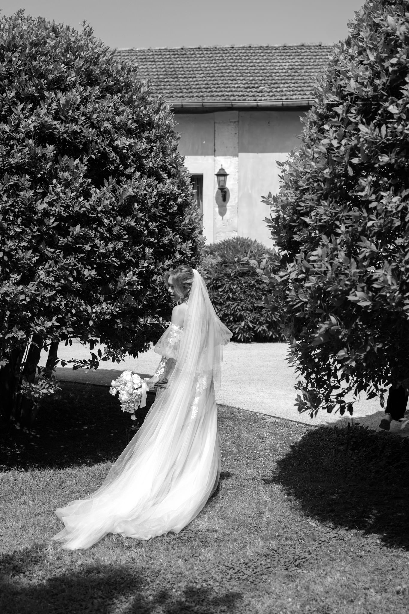 Black and white photo of a flowing wedding dress veil trailing between garden trees.