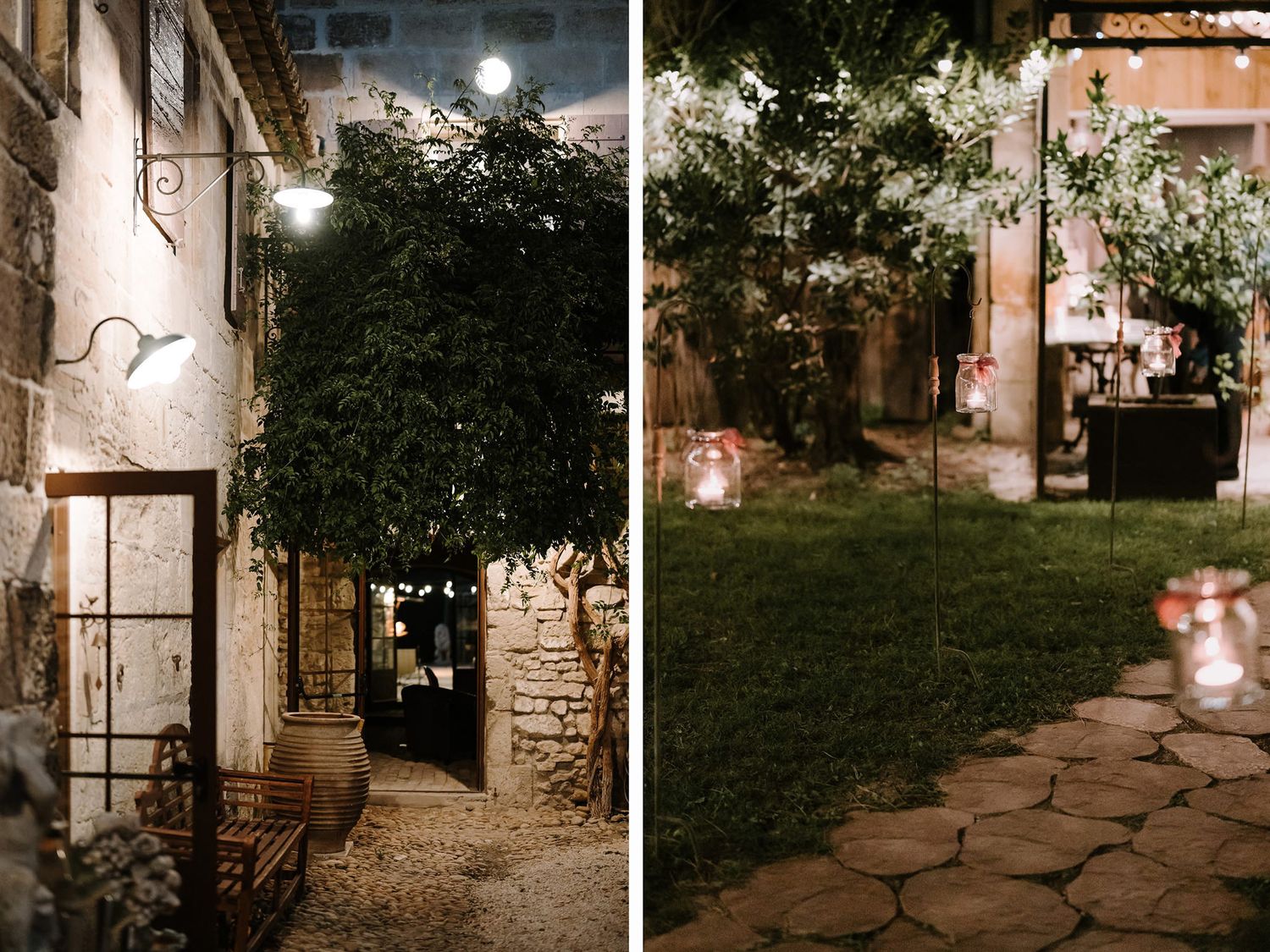 Stone pathway illuminated by string lights leads through a garden at night.