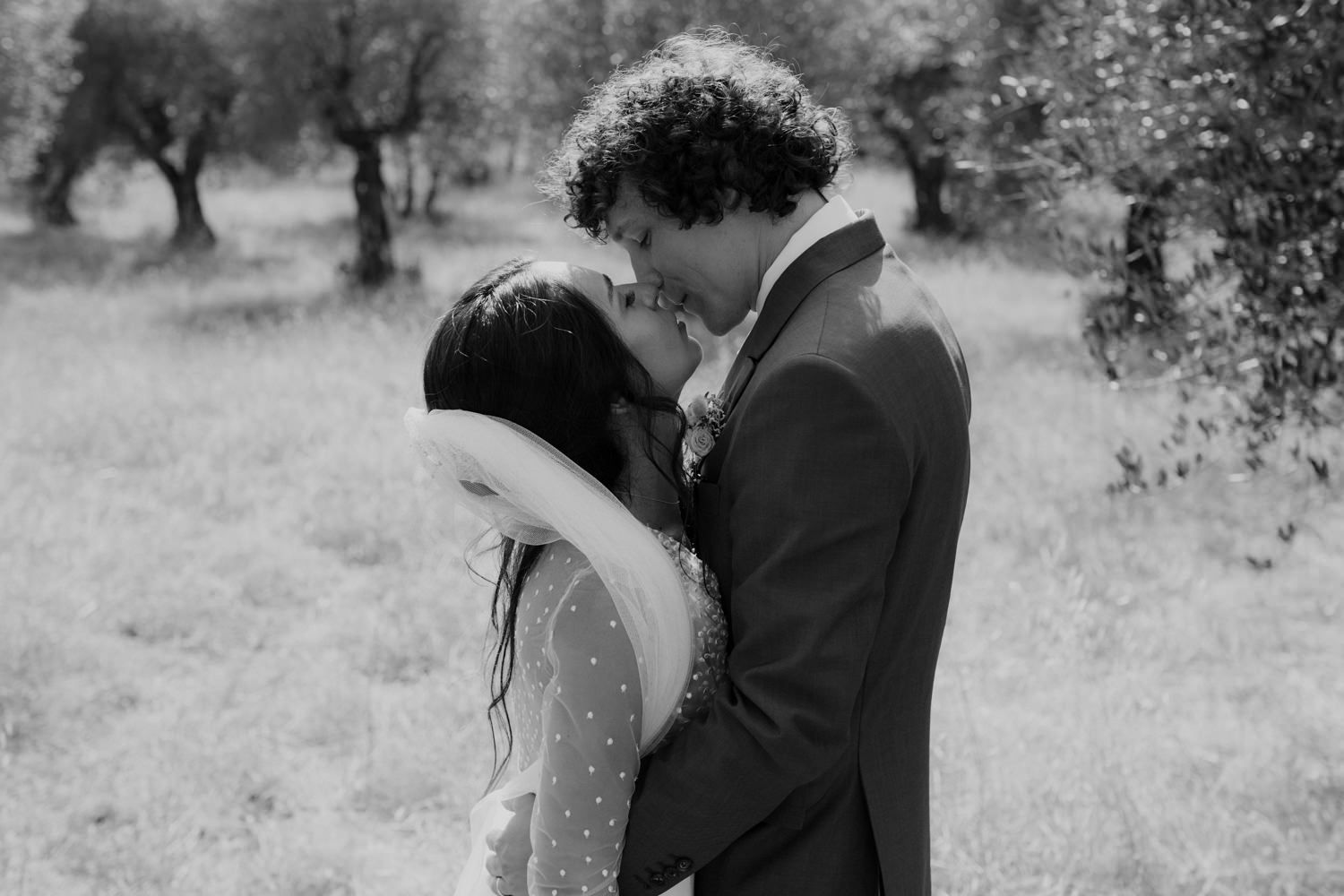 Newlyweds share an intimate moment among olive trees in a rustic countryside setting.