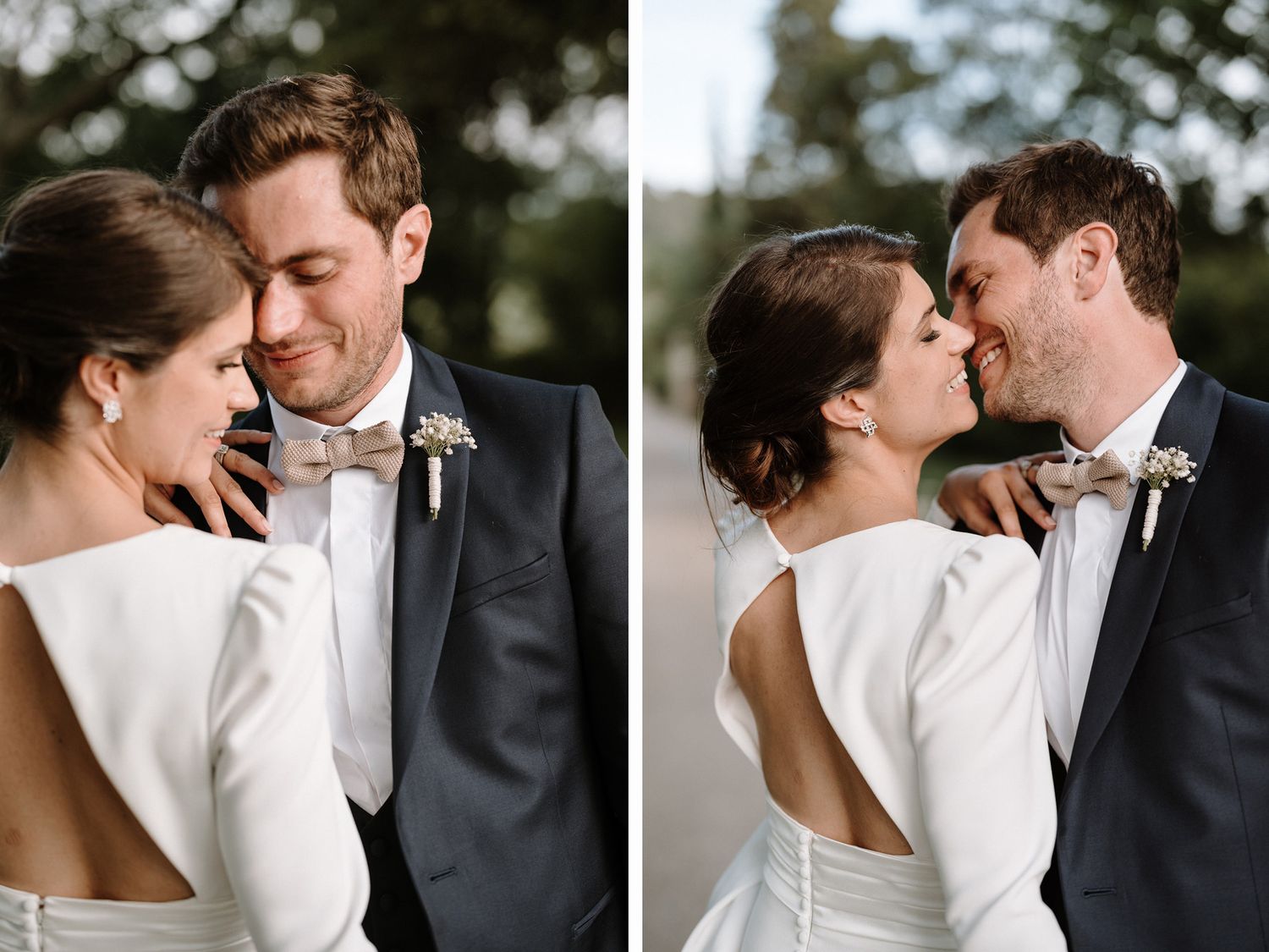 Two candid shots of a couple in wedding attire sharing romantic moments outdoors.