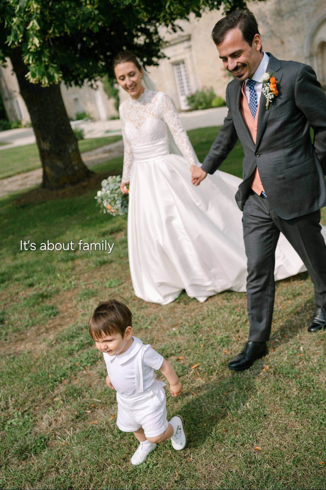Series of candid photos showing a small child running on grass while married couple in formal attire watch nearby.
