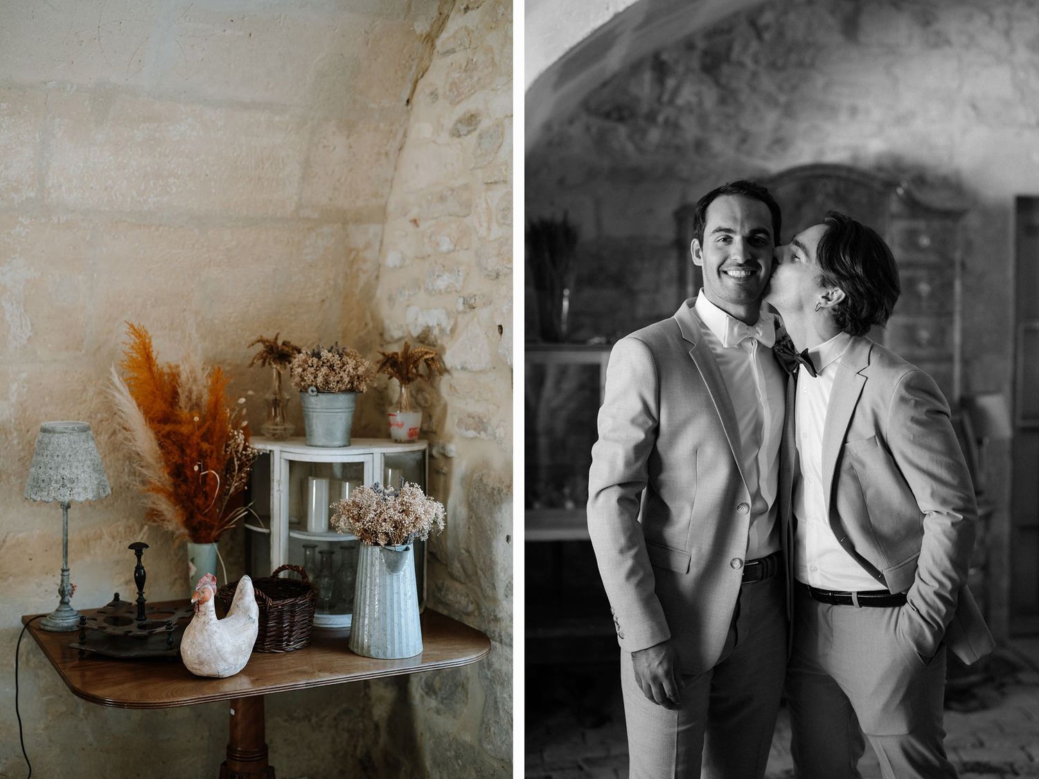 Artistic wedding photography shots showing couples in an industrial-style indoor setting.