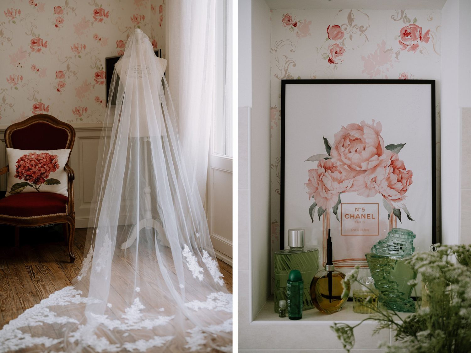 Romantic bridal suite with flowing veil, floral wallpaper, and vintage-inspired decor.