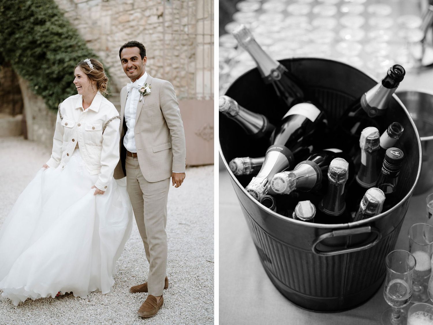 Wedding reception details including champagne buckets and formal attire.