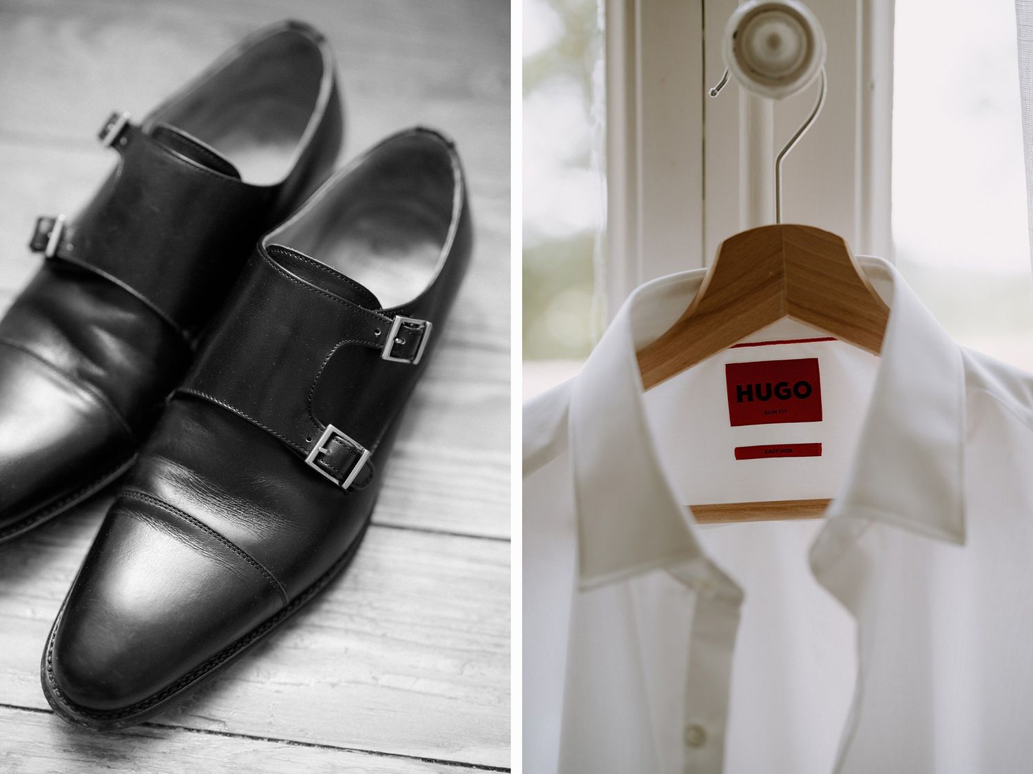 Double monk strap dress shoes and crisp white dress shirt on wooden hanger.