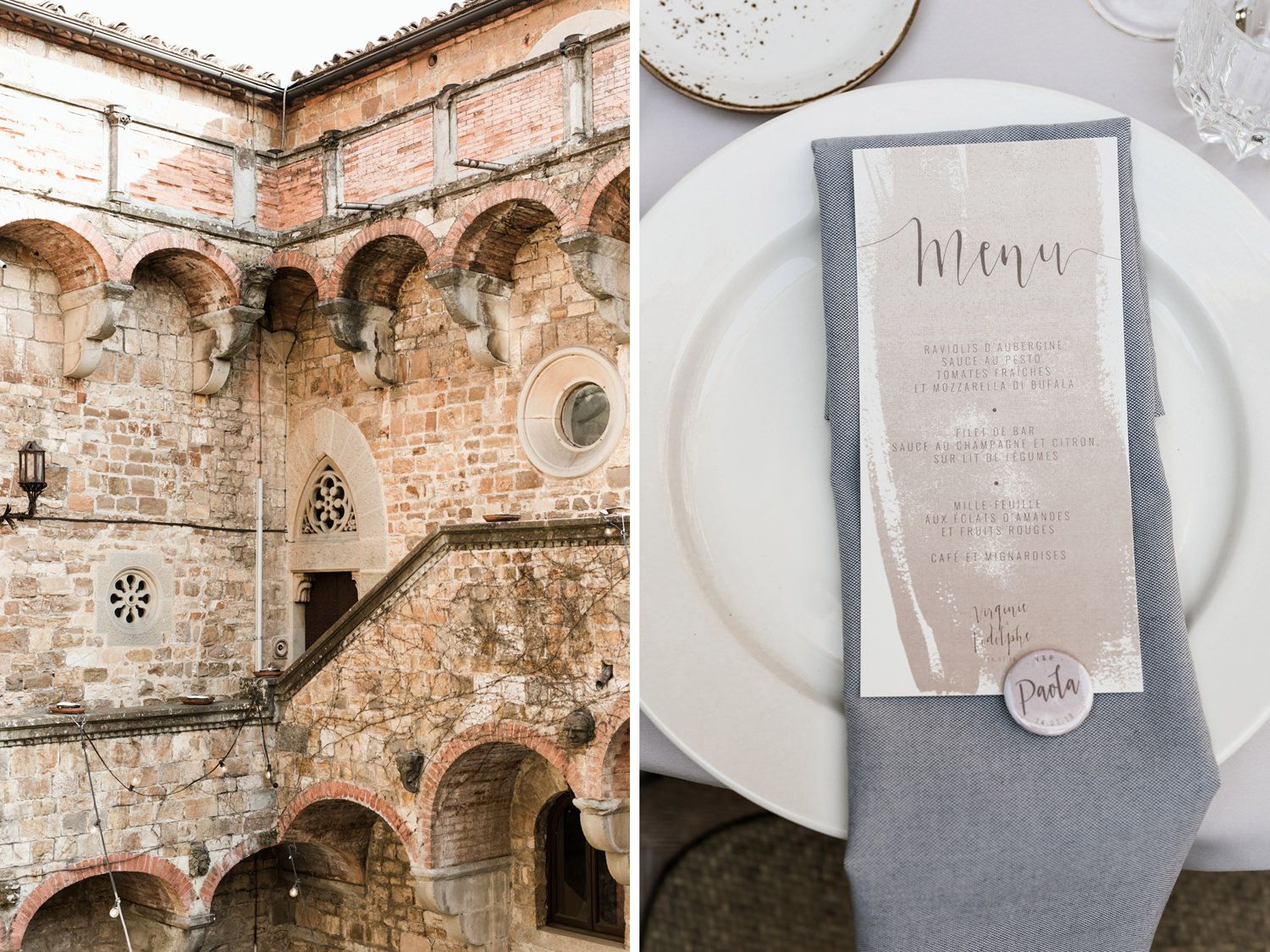 Wedding menu cards and place settings in soft gray and white tones on elegant tables.