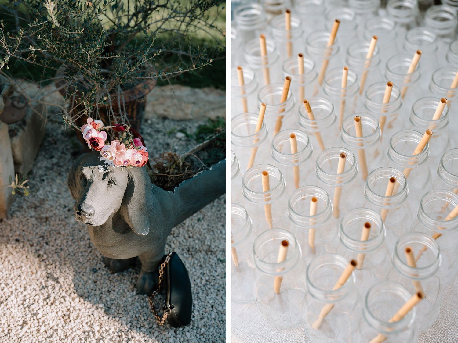 Elegant champagne flutes with orange garnishes arranged at an outdoor wedding reception.
