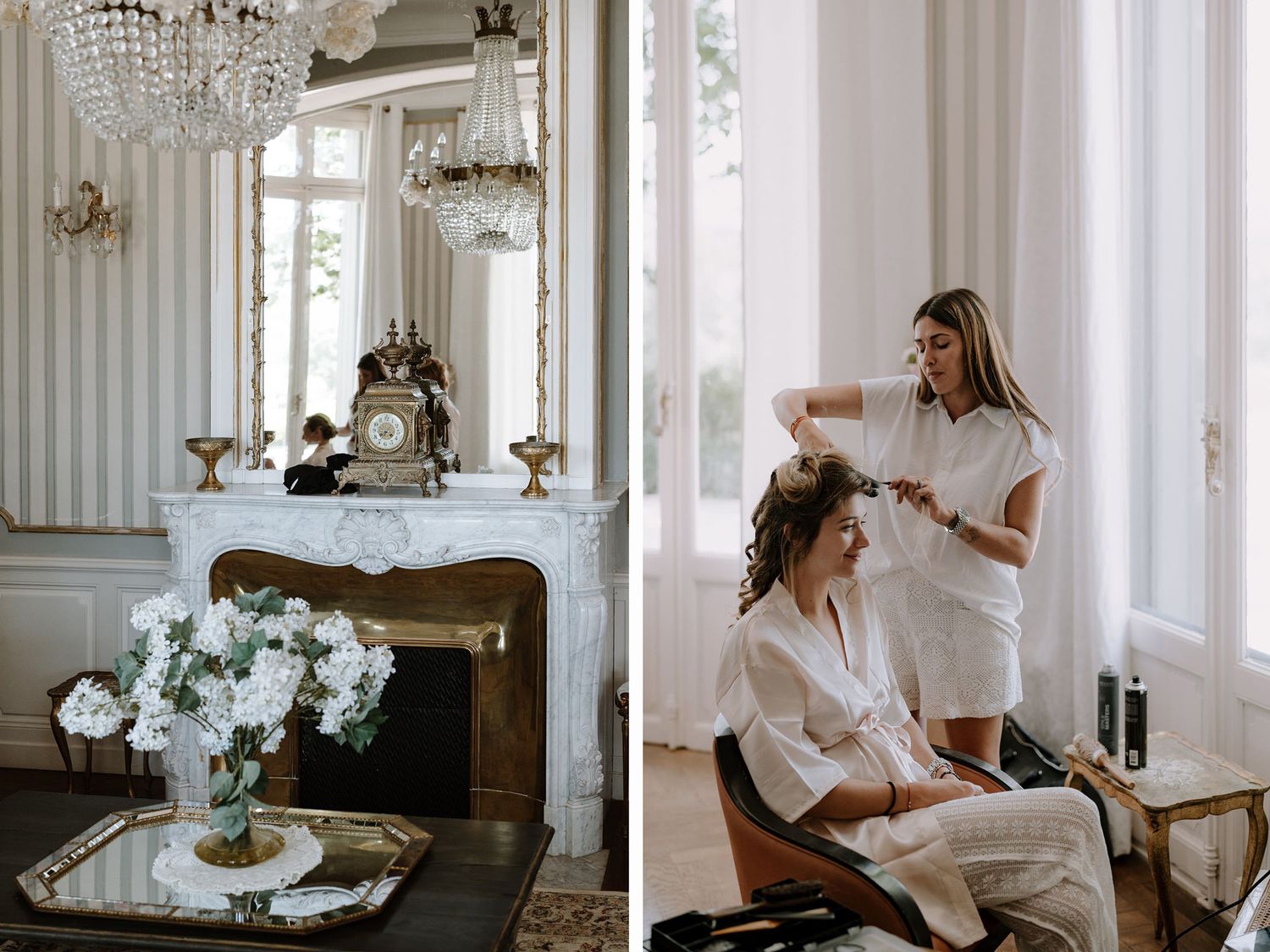 Elegant room with crystal chandelier, ornate fireplace, and white floral arrangement in vintage setting.