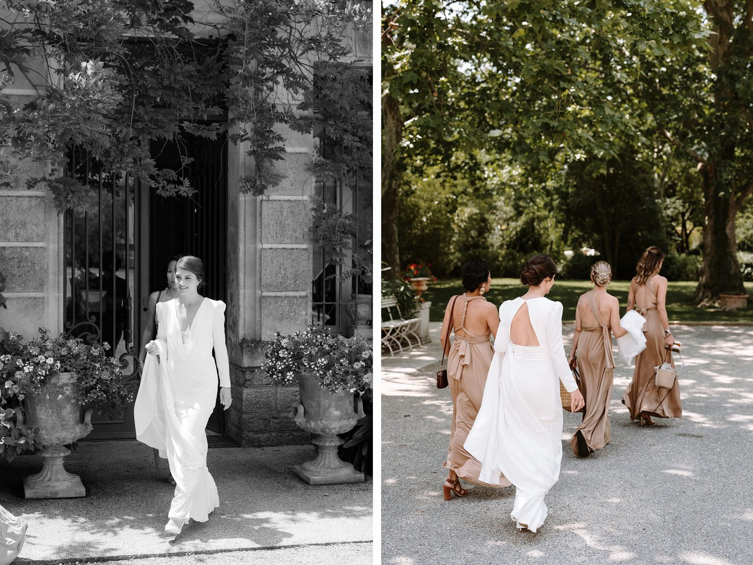 Wedding party walking through garden path in mix of white and neutral dresses.