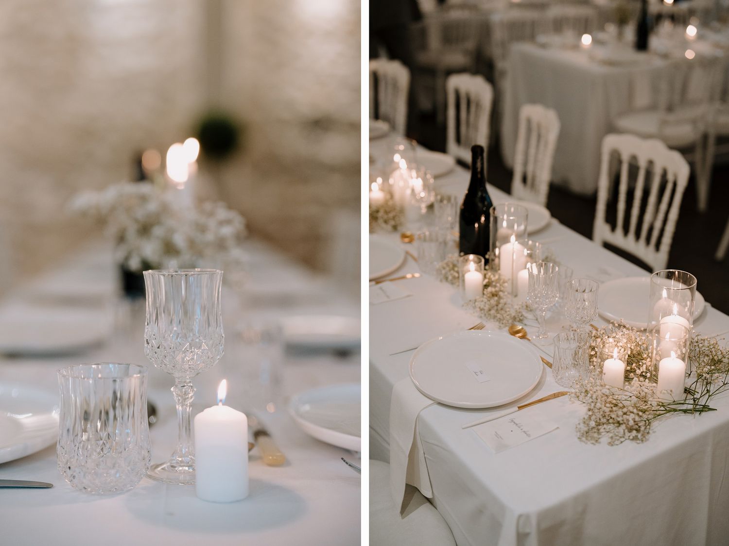 Elegant white table settings with glowing candles and delicate floral accents.