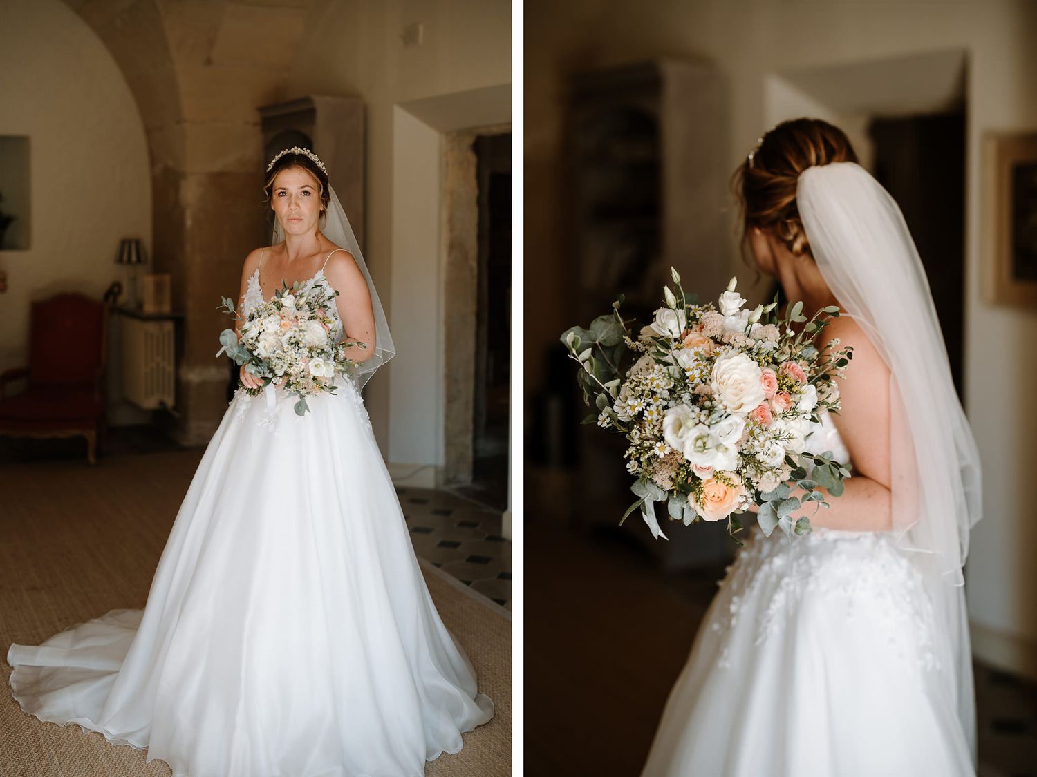 A stunning bridal portrait series showing emotional moments in a white wedding gown with delicate floral bouquet.