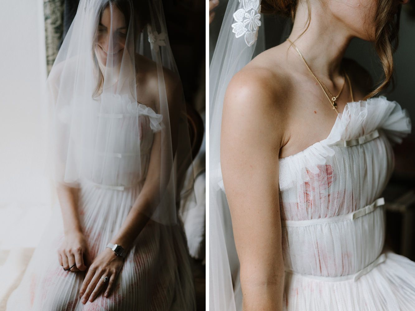 Artistic series showing details of a delicate white wedding dress and veil.