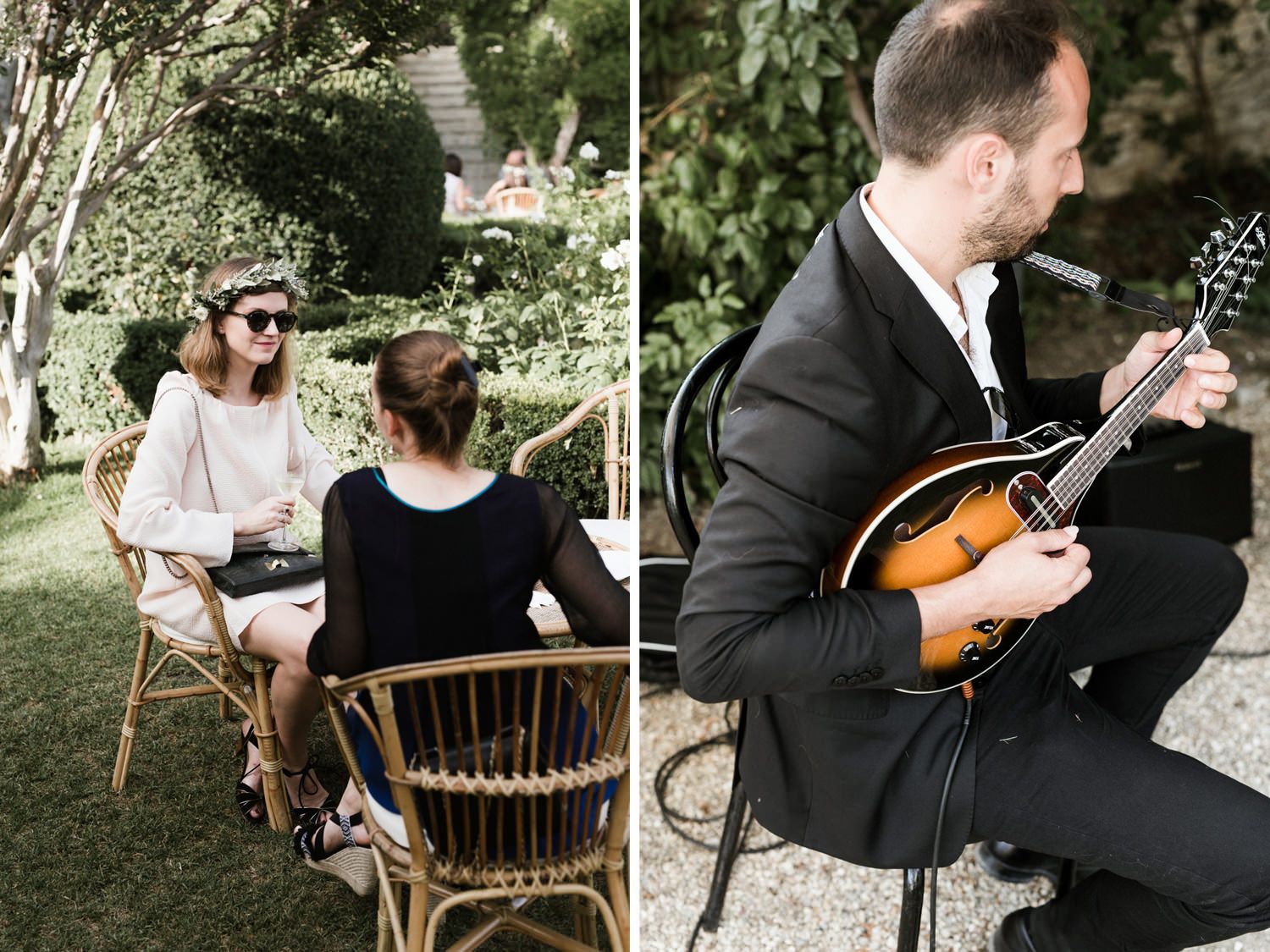 Musicians performing acoustic music outdoors during an elegant garden event.
